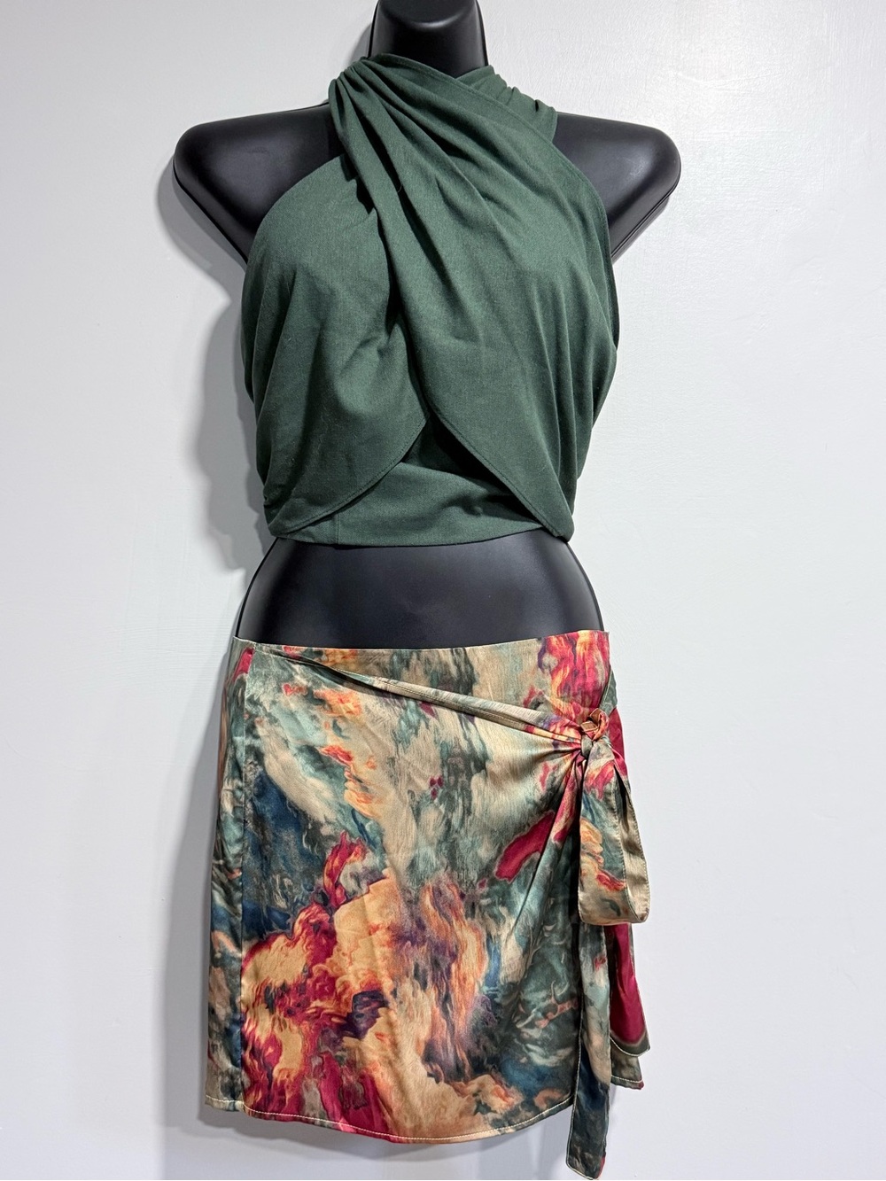 Commense Forest Green Halter Top with Multicolor Abstract Tie-Waist Mini Skirt